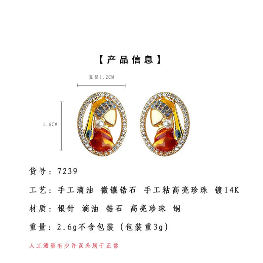 A廠【7239】原創珍珠少女925銀針微鑲鋯石手工彩繪人像幾何耳飾 新款文藝耳環
 25.12-3