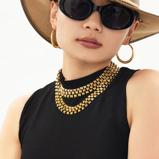 B廠【TXE566】歐美時尚輕奢三排鉚釘手工組裝項鍊手鍊套裝不銹鋼保色跨境飾品潮
 26.03-2