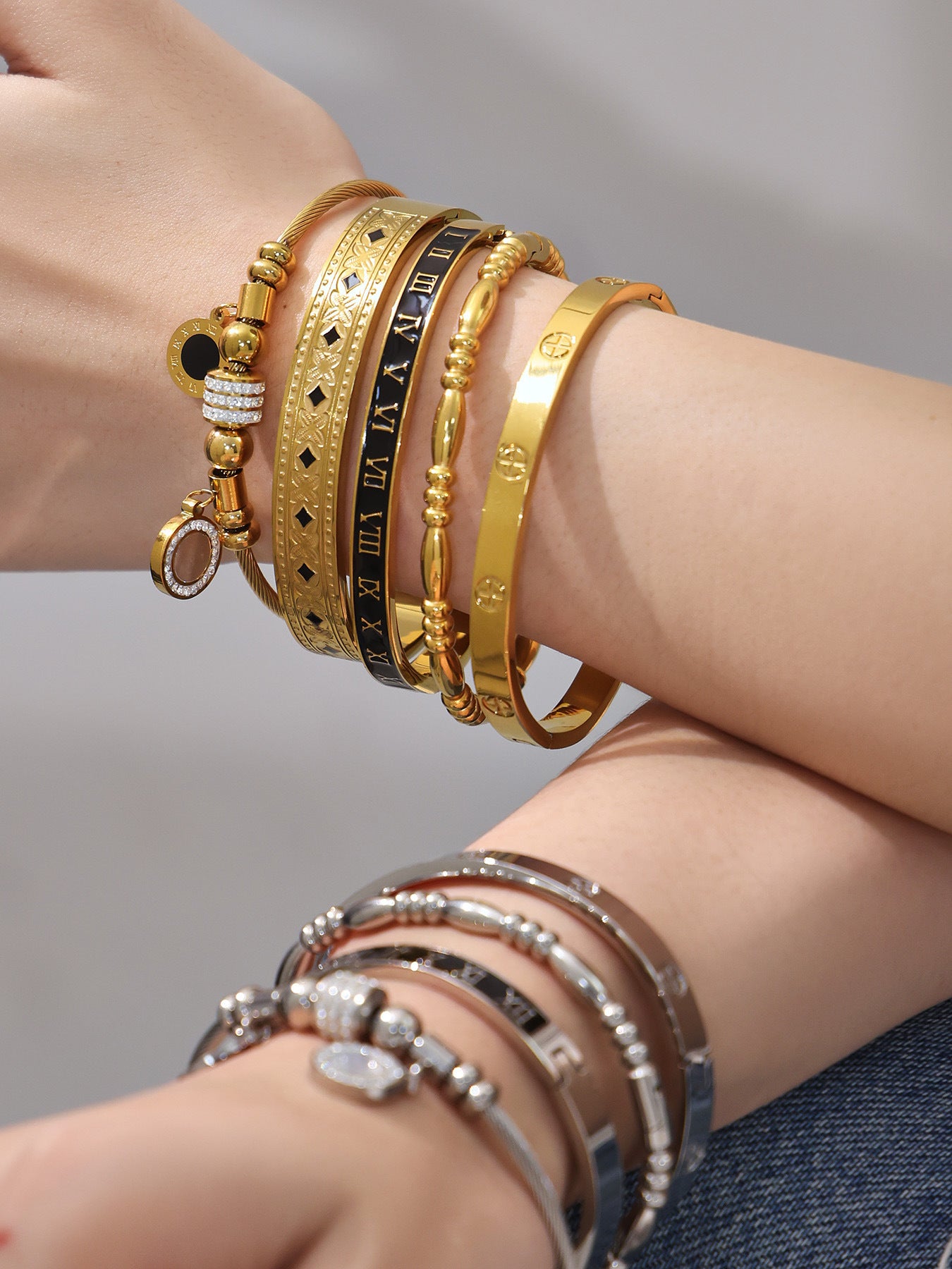 B廠【Z260】不鏽鋼羅馬數字滴油十字卡扣手鐲多款造型手環組合飾品鍍18k真金
 26.01-1