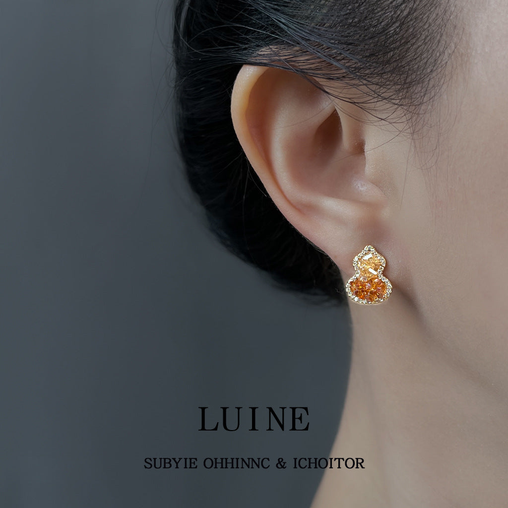 C廠【6949】閉眼入！好賣！微鑲鋯石925銀針水晶葫蘆耳環橙色漸變香檳色耳飾
 25.10-4