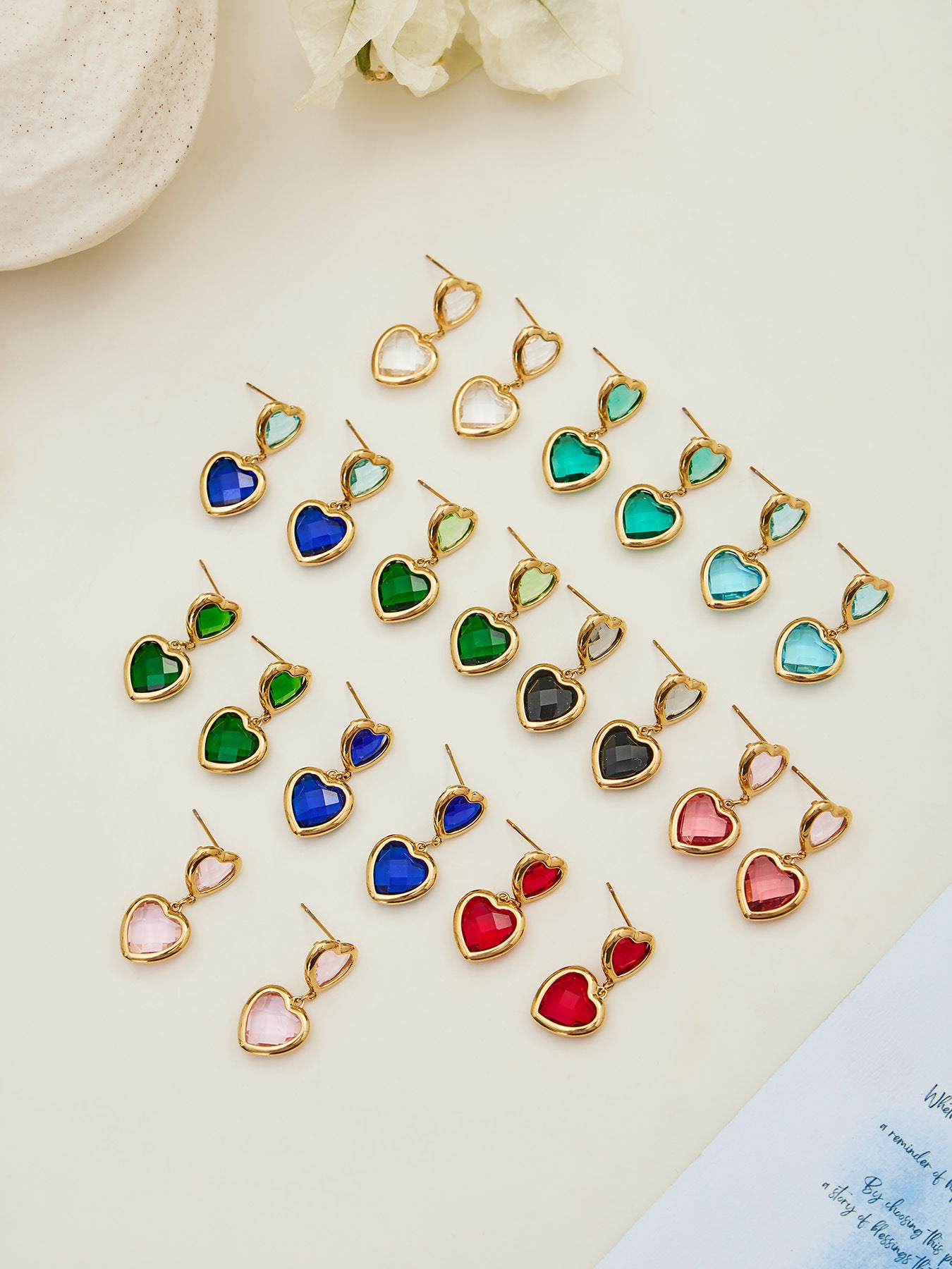 B廠【TXP510】不鏽鋼愛心切麵包邊玻璃石鋼珠項鍊手鍊耳環組鍍18k真金不掉色
 25.12-2