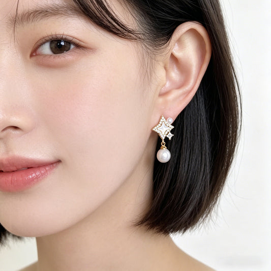 A廠【7588】微鑲鋯石真貝殼時尚高級感輕奢風芒星珍珠耳環女氣質簡約百搭耳飾
 26.05-3