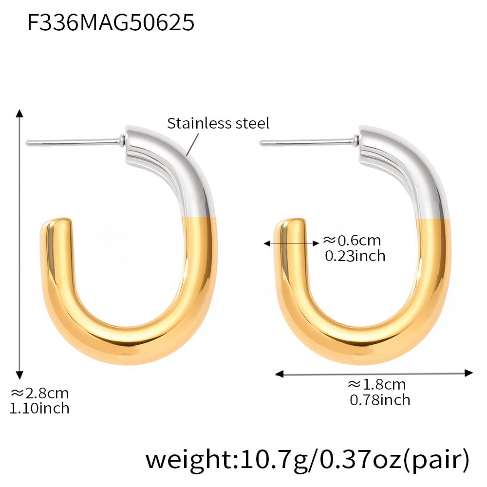 B廠【F502】歐美熱銷飾品不鏽鋼雙色間電C型耳環時尚精緻女神耳環保色 25.07-1