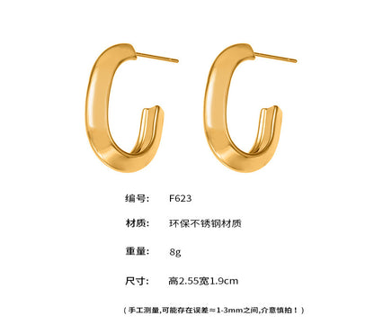 B廠【F623】不鏽鋼凹槽弧面耳環歐美輕奢風小眾設計百搭耳飾鍍18k真金
 25.11-1
