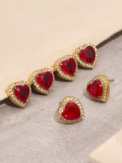 B廠【TXP354】新款紅色玻璃愛心滿鑽鎖骨項鍊耳環戒指不銹鋼材質飾品套裝 25.08-2