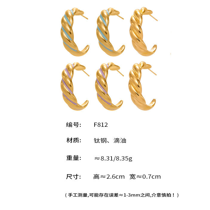 B廠【F812】新款不鏽鋼幾何扭紋滴油耳環琺瑯彩釉時尚個性耳飾鍍18k金
 25.11-1