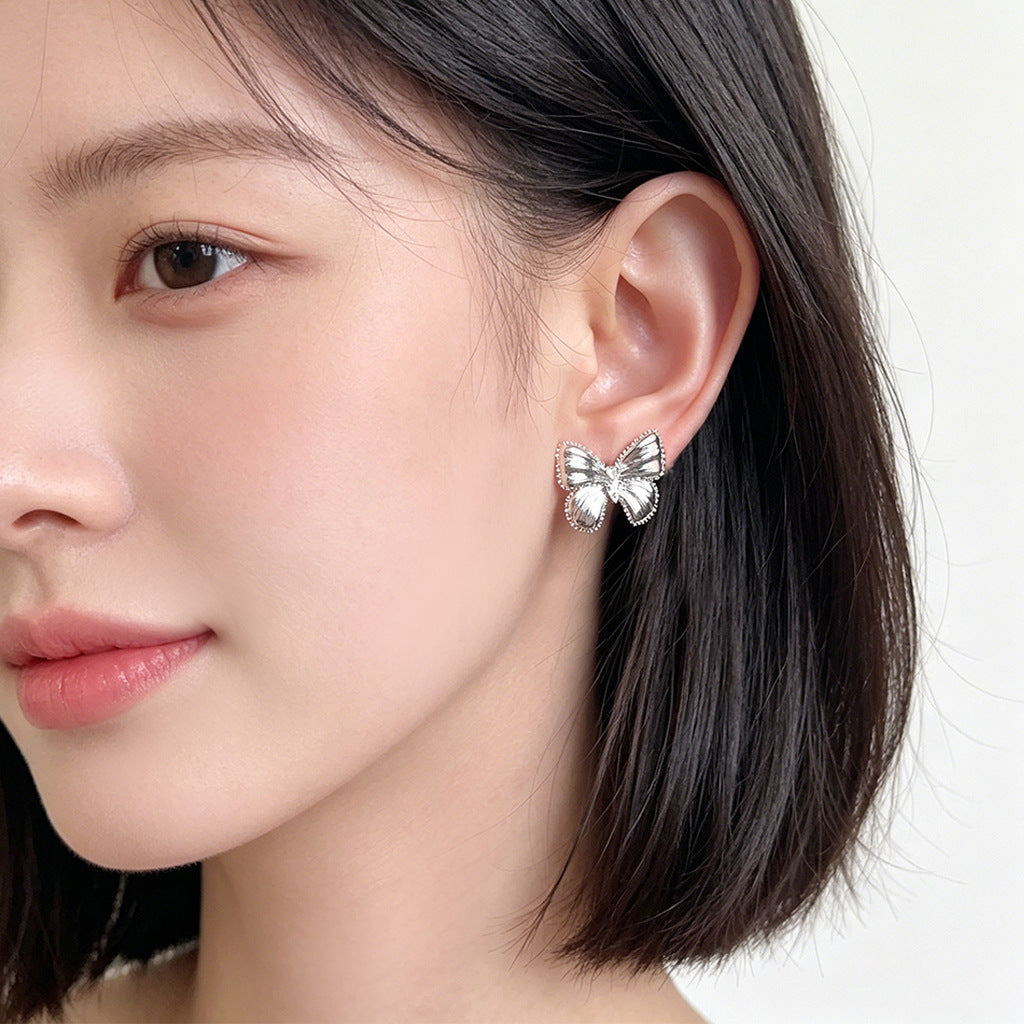 A廠【7805】清新甜美拉絲質感微鑲鋯石蝴蝶耳環個性小眾飾品新款耳環 26.07-1