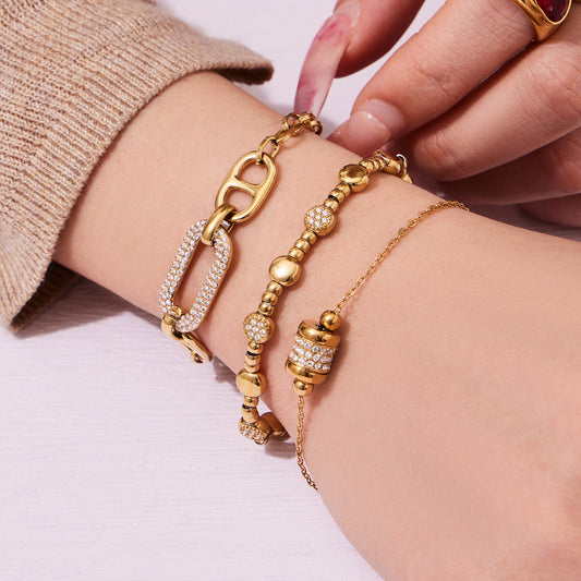 B廠【E223】歐美風氣質百搭日字微鑲鋯石手鍊組合不鏽鋼鍍18k真金時尚冷淡風
 26.03-2