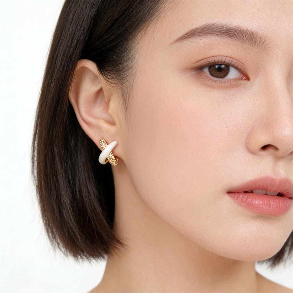 A廠【7467】時尚高級感微鑲鋯石手工滴釉個性交叉幾何簡約耳環耳環飾品女
 26.04-1
