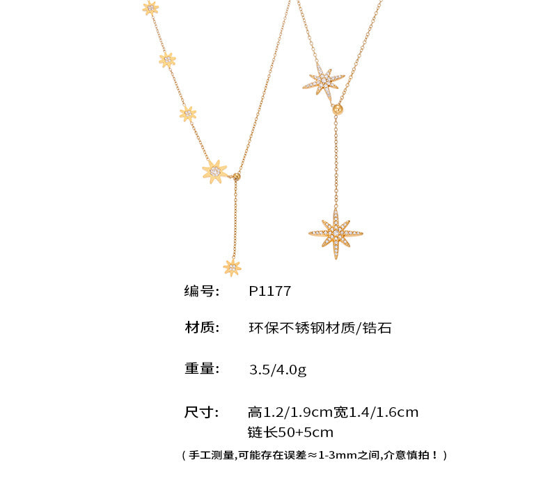 B廠【P1177】歐美新款飾品不鏽鋼5A鋯石超閃抽拉八星芒鎖骨項鍊18k鍍金 25.08-2