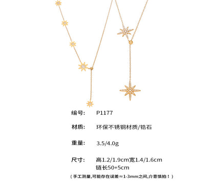 B廠【P1177】歐美新款飾品不鏽鋼5A鋯石超閃抽拉八星芒鎖骨項鍊18k鍍金 25.08-2