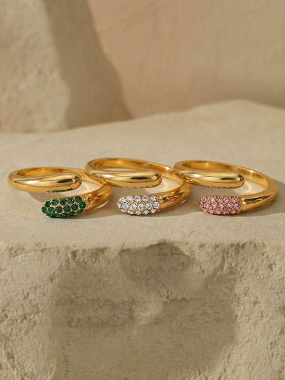 B廠【A002】跨國歐美ins時尚簡約粉綠白三色水鑽開口戒指不鏽鋼鍍18K真金飾品
 26.01-2