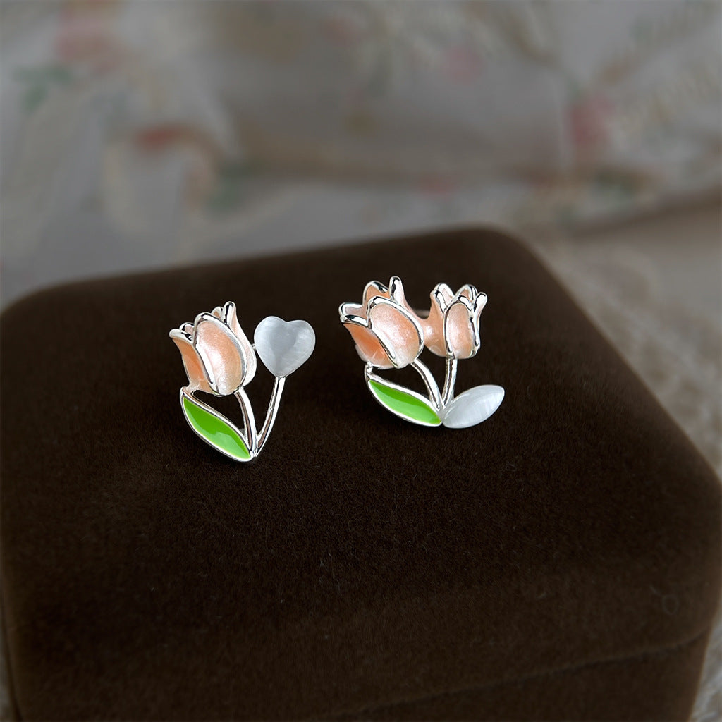 A廠 【4720】清新甜美通勤鬱金香耳環不對稱玻璃貓眼石花朵高級感氣質學生耳飾
 26.03-3