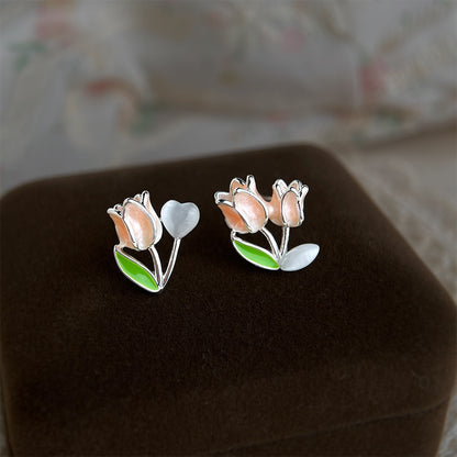 A廠 【4720】清新甜美通勤鬱金香耳環不對稱玻璃貓眼石花朵高級感氣質學生耳飾
 26.03-3