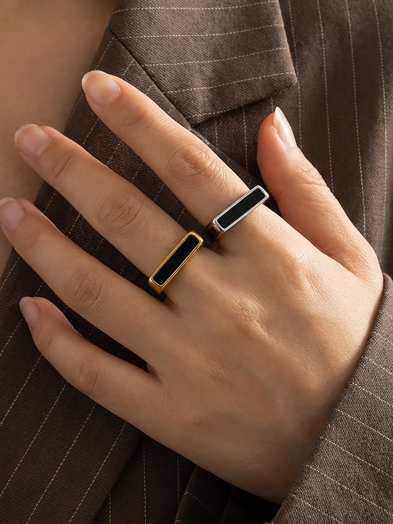 B廠【A332】不鏽鋼方塊滴油幾何戒指 鍍18k金ins歐美時尚輕奢個性氣質食指戒
 26.01-1