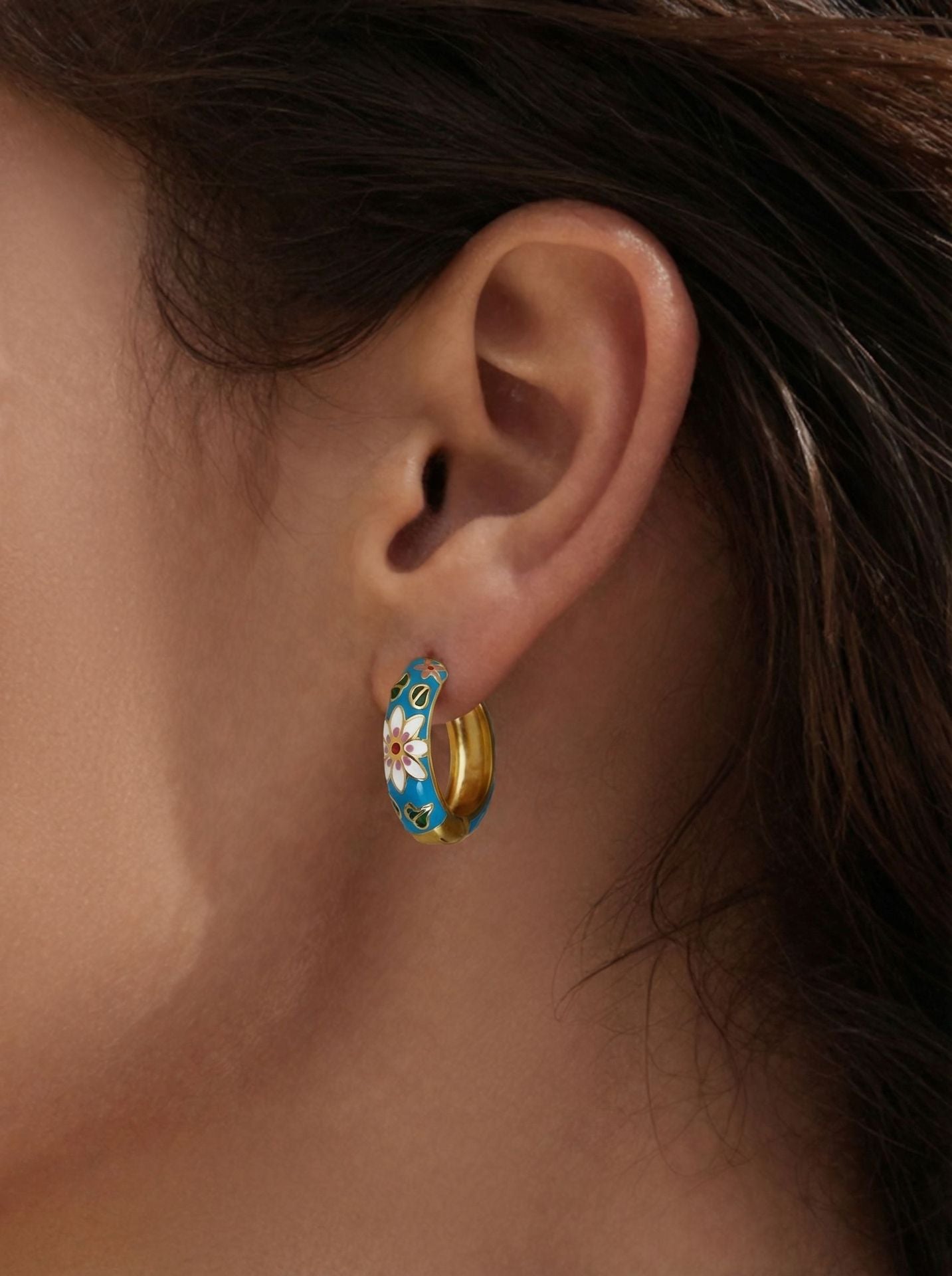 B廠【F1156】新中式琺瑯彩釉印花圓圈耳扣不銹鋼鍍18k真金彩色滴油花朵耳環女
 25.12-4