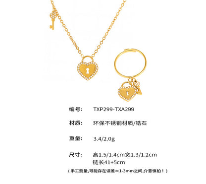B廠【TXP299】歐美不銹鋼5A鋯石愛心鎖頭鑰匙棍吊墜鎖骨項鍊戒指飾品套裝 25.07-2