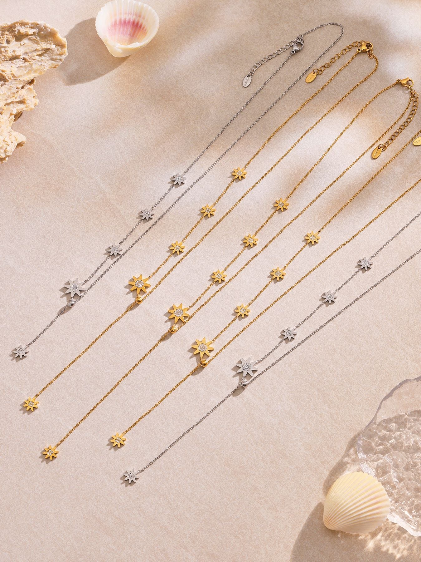 B廠【P1177】歐美新款飾品不鏽鋼5A鋯石超閃抽拉八星芒鎖骨項鍊18k鍍金 25.08-2