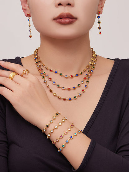 B廠【TXP552】chic奢華5A圓鋯拼接不鏽鋼手鍊項鍊精緻時尚氣質彩鑽流蘇耳環套裝
 26.03-2