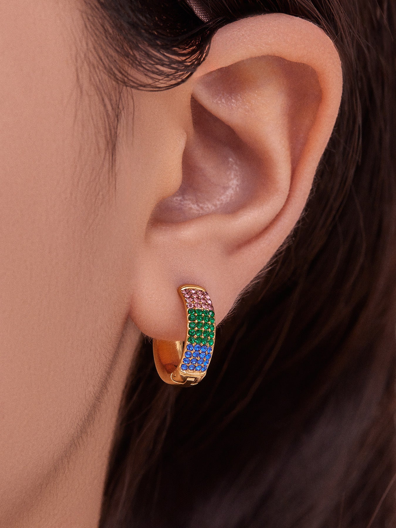 B廠【F931】彩色鋯石拼色圓圈耳環大中小尺寸耳扣不銹鋼鍍18k真金飾品
 25.11-2