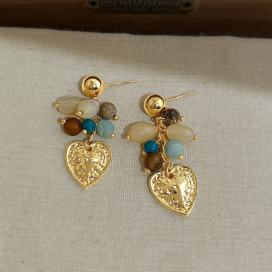 A廠【7902】中古重工質感天然石瑪瑙流蘇心型手工耳環法式復古新款耳環女
 26.08-2