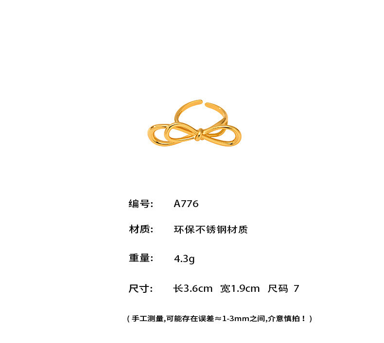 B廠【A776】歐美ins小眾設計蝴蝶結開口戒指不鏽鋼材質18k鍍真金不掉色 25.07-2
