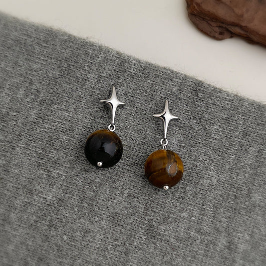 A廠【7273】時尚高級感天然石芒星個性耳飾女銀針氣質美拉德風虎眼石耳環
 25.12-4