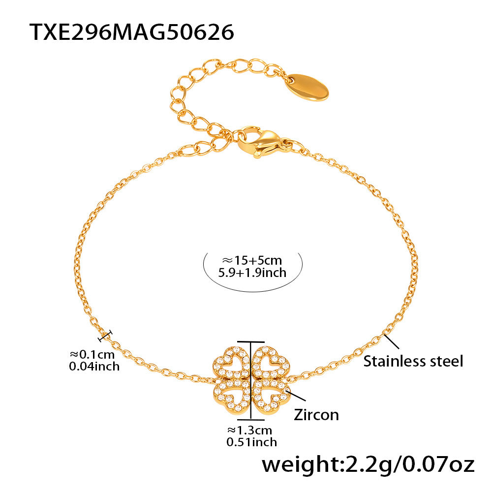 B廠【TXP296】5A鋯石超閃小鑽四葉花飾品組項鍊手鍊戒指不鏽鋼18k鍍金 25.07-1
