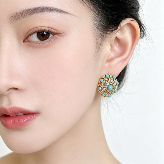 A廠【7590】文藝復古中古風重工幾何圓形耳環合成綠松石法式新耳環飾品
 26.05-2