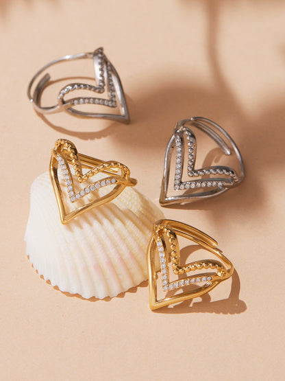 B廠【A330】法式小眾設計中性風不鏽鋼滿鑽鋯石愛心開口可調戒指尾戒
 25.10-1