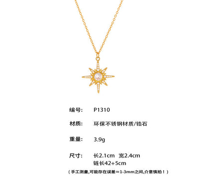 B廠【P1310】超閃5A鋯石八星芒吊墜鎖骨項鍊雙層疊戴飾品不鏽鋼18k鍍金 25.07-1