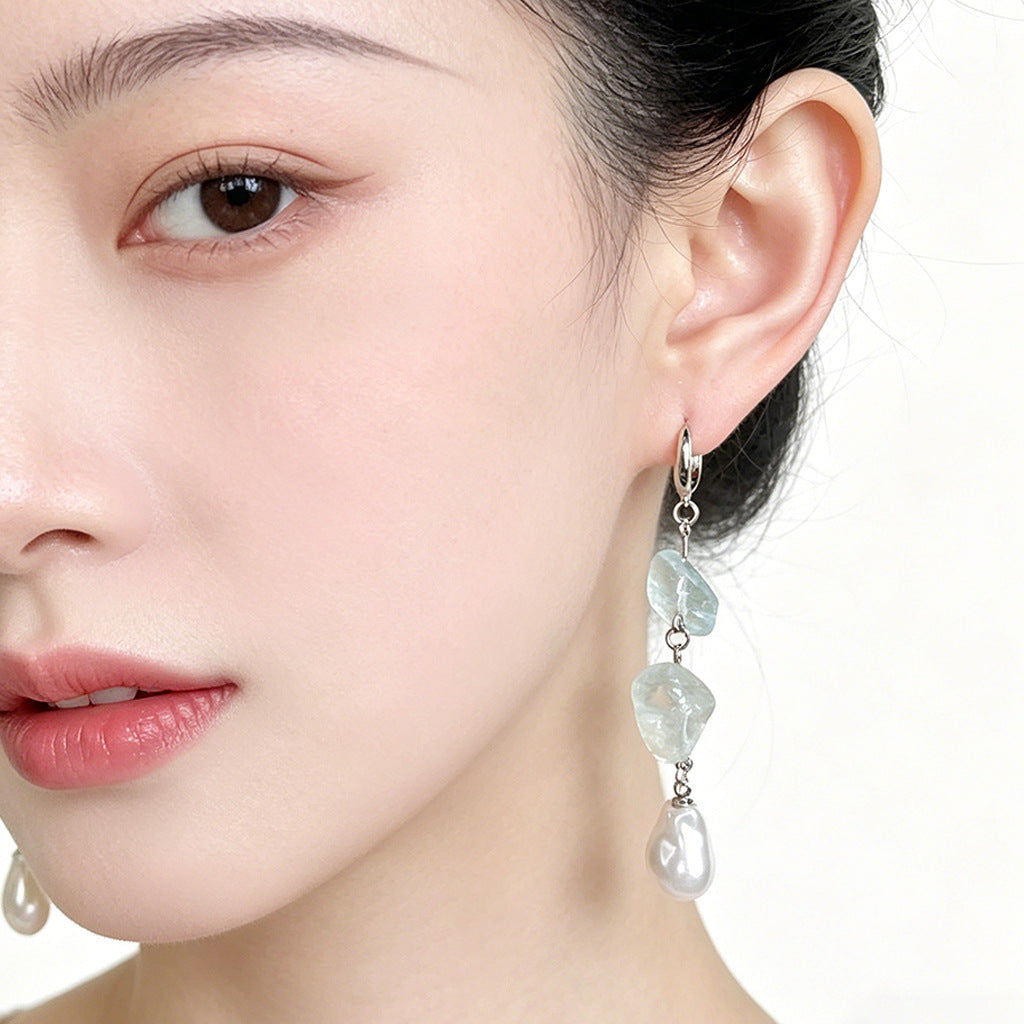 A廠【7609】天然石藍水晶碎石手工長款清新甜美耳環女氣質優雅新款耳環
 26.05-3
