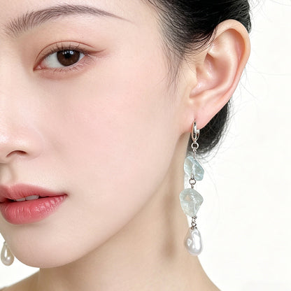 A廠【7609】天然石藍水晶碎石手工長款清新甜美耳環女氣質優雅新款耳環
 26.05-3