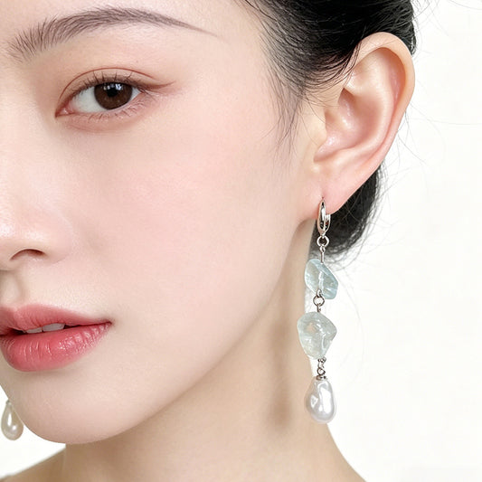 A廠【7609】天然石藍水晶碎石手工長款清新甜美耳環女氣質優雅新款耳環
 26.05-3