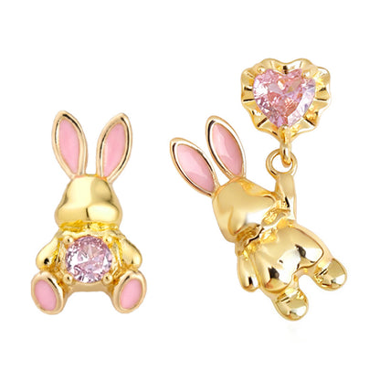 A廠【7361】原創設計可愛不對稱甜美兔子耳環鑲嵌鋯石銀針趣味童趣耳飾女
 26.01-3