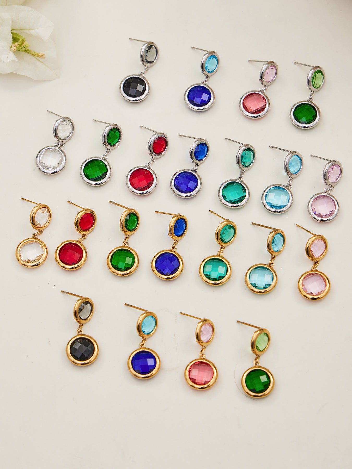 B廠【TXE508】不鏽鋼滿鑽鋯石切面包邊玻璃石手鍊耳環鍍18k真金首飾組不掉色
 25.12-1