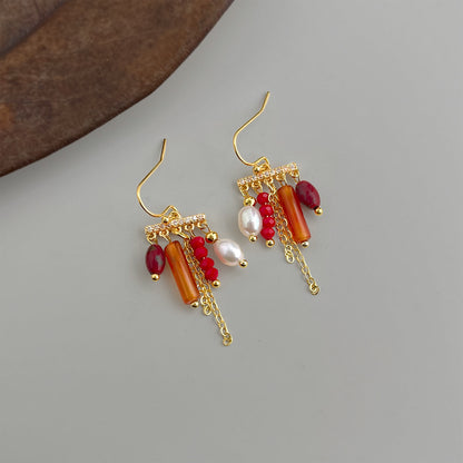 A廠【7322】文藝復古民族風手工藝設計微鑲鋯石流蘇天然石混搭耳飾淡水珍珠耳環
 26.01-2