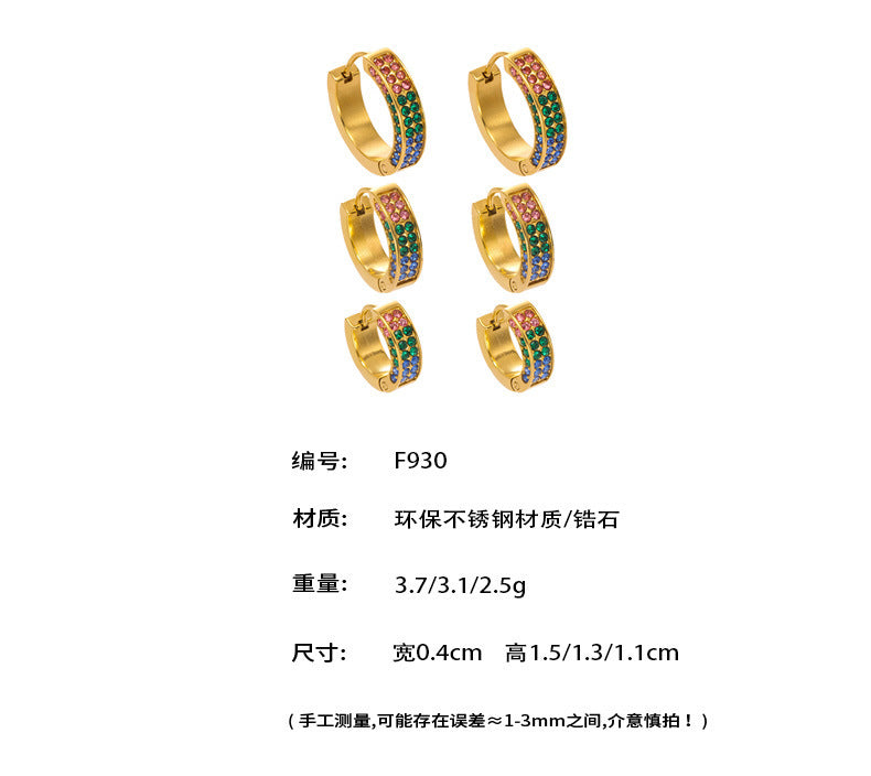 B廠【F930】ins風高品質彩色5A鋯石圓圈卡扣耳環不鏽鋼鍍18k真金耳飾女
 25.11-2