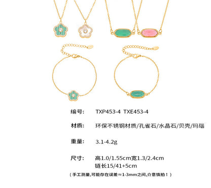 B廠【TXP453】不銹鋼天然水晶石切面爪鑲鋯石方塊五葉花吊墜項鍊手鍊套裝
 25.10-4