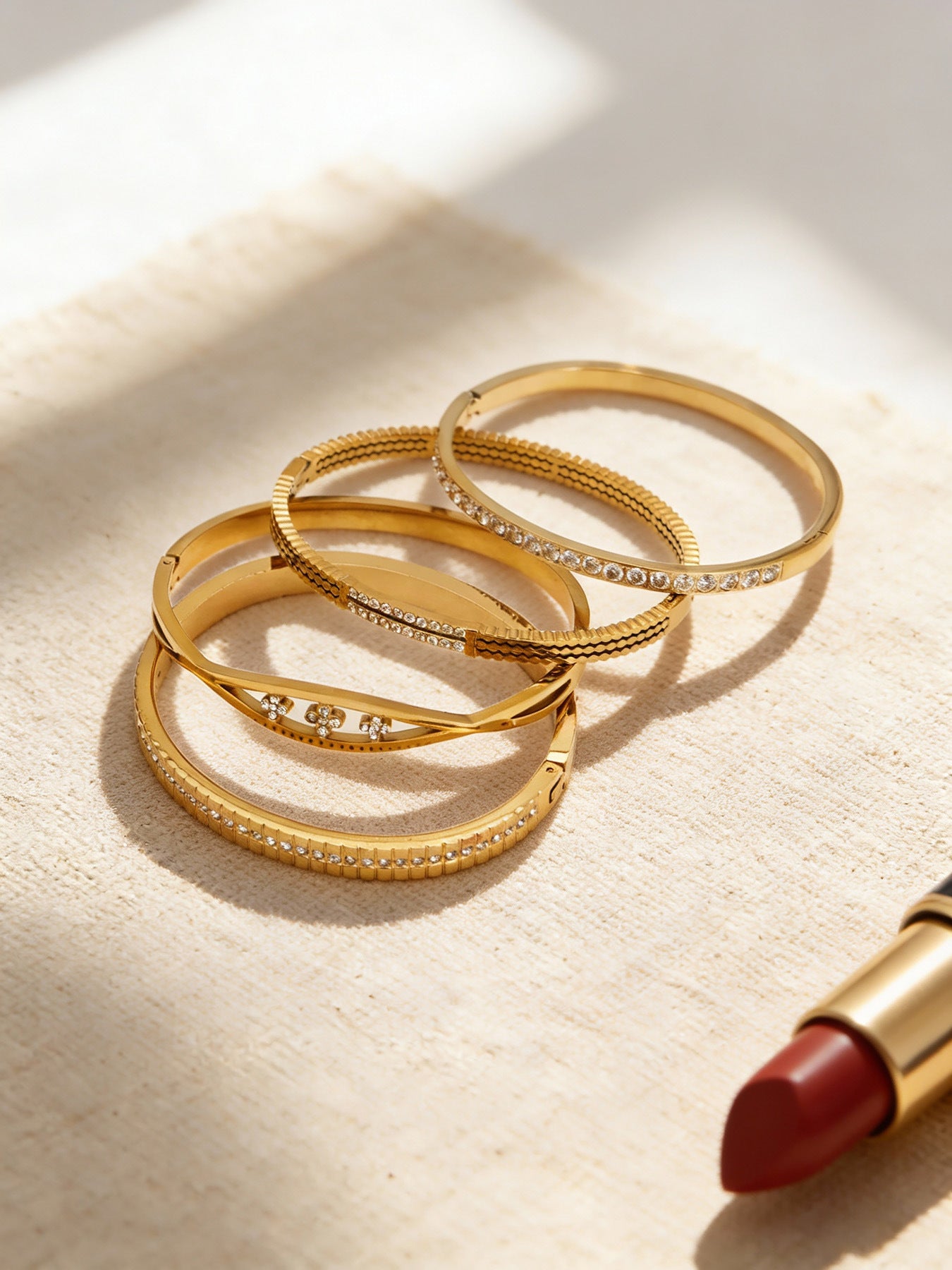 B廠【Z512】不鏽鋼單排鑽鋯石卡扣手鐲組合歐美時尚潮酷手飾鍍18k金不掉色
 25.12-2