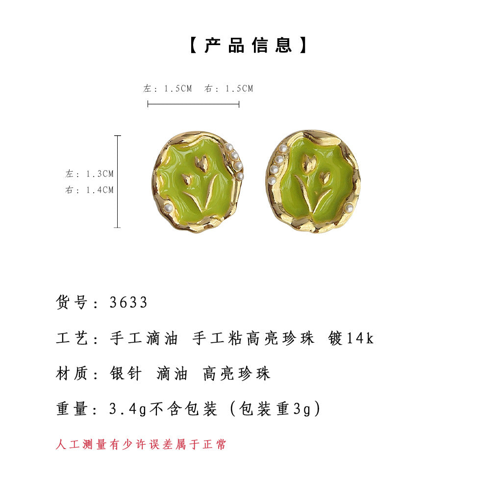C廠【4114】夏日清新甜美手工滴油鬱金香鍍14K銀針耳環氣質優雅通勤耳飾 24.05-3