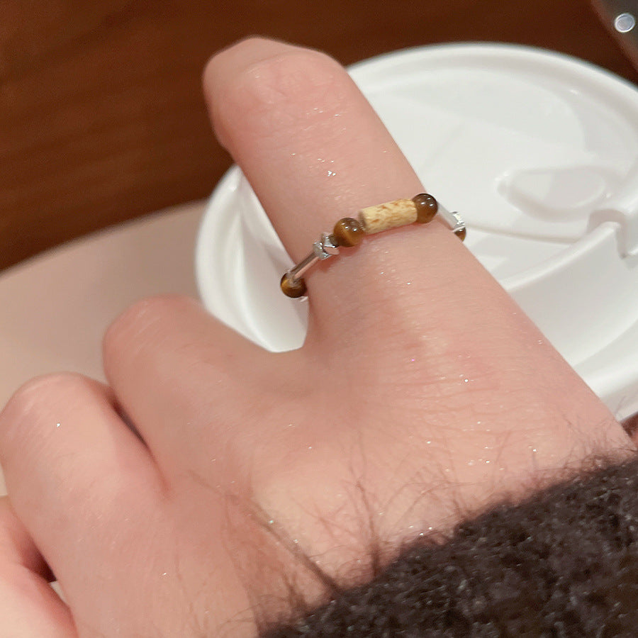 A廠【HR2812 】碎銀虎眼石串珠戒指女新款美拉德食指戒新中式復古民族風咖色指環
 25.11-2