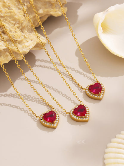 B廠【TXP354】新款紅色玻璃愛心滿鑽鎖骨項鍊耳環戒指不銹鋼材質飾品套裝 25.08-2