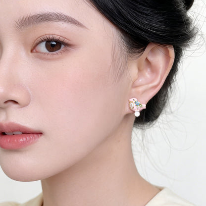 A廠【7523】原創甜美可愛琺瑯滴釉彩繪微鑲鋯石銀針小鳥耳環飾品耳飾
 26.04-3