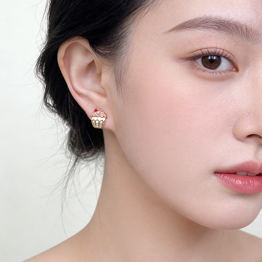 A廠【7436】原創清新甜美手工彩繪銀針微鑲鋯石蛋糕小耳環可愛新款耳飾女
 26.03-4