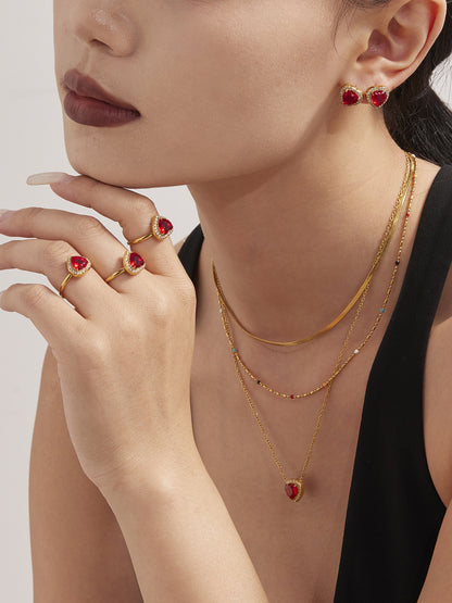 B廠【TXP354】新款紅色玻璃愛心滿鑽鎖骨項鍊耳環戒指不銹鋼材質飾品套裝 25.08-2