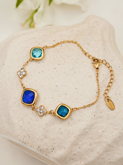 B廠【TXP509】不銹鋼四葉花鑲鋯石切面包邊石頭手鍊長款毛衣鏈項鍊耳環首飾套裝
 25.12-1