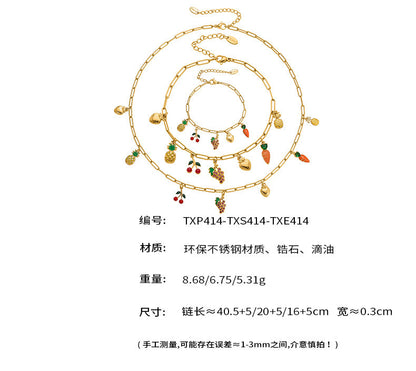 B廠【TXP414】水果系列鑲嵌鋯石多吊墜歐美風項鍊手鍊腳鍊套裝不銹鋼材質
 25.10-1