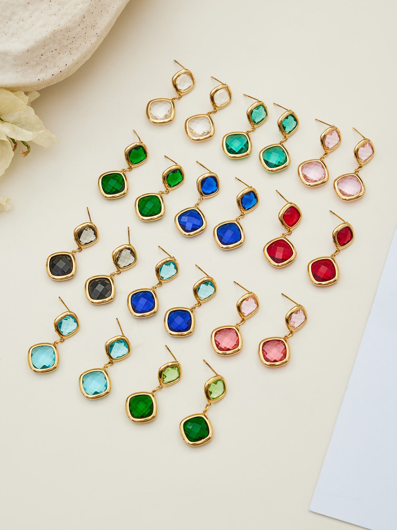 B廠【TXP517】不銹鋼方形切麵包邊玻璃石吊墜耳環項鍊手鍊珠寶首飾套裝鍍18k金
 25.12-2