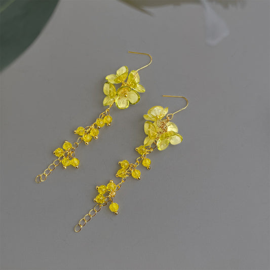 A廠 【6170】【夏日檸檬色】度假風森系甜美長玻璃水晶流速花朵耳環耳環
 26.03-3